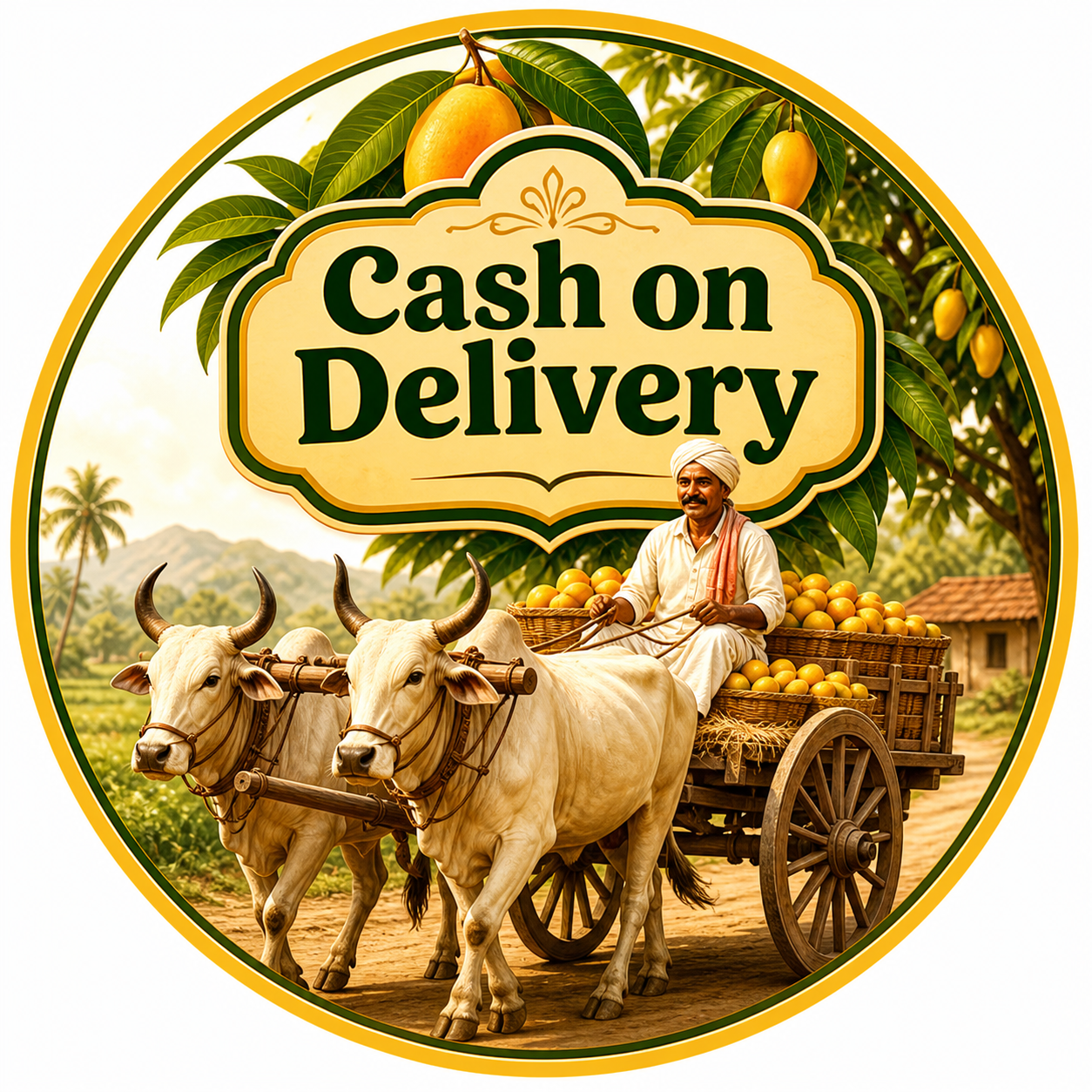Cash on Delivery with mango bullock cart and Indian farmer