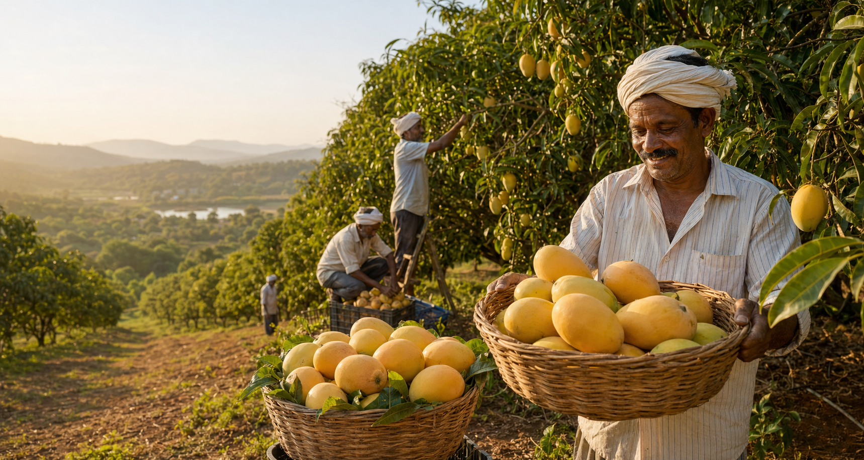 Indian farmers harvesting Alphonso mangoes in a Konkan mango farm
